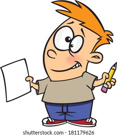 cartoon boy holding paper and a pencil