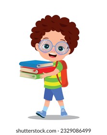 Cartoon boy holding a pile of books