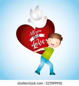 cartoon boy holding a red heart with white dove over blue background. catholic love design. vector illustration