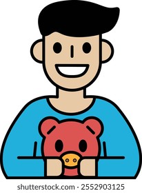 A cartoon boy is holding a red stuffed bear. He is smiling and he is happy. The bear is positioned in front of him, and the boy is holding it close to his chest