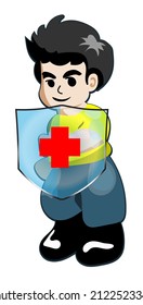 A cartoon of a boy holding a shield, immunization concept