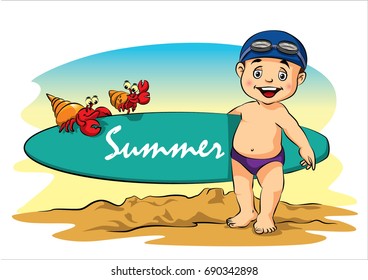 Cartoon boy - holding a sign - Sea view