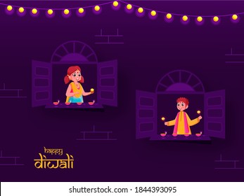 Cartoon Boy Holding Sparkle Sticks And Girl Decorated Window From Lit Oil Lamps On The Occasion Of Diwali Festival.