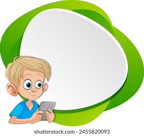 Cartoon boy holding a tablet beside a blank bubble