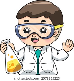 a cartoon boy holding a test tube and wearing a lab coat and goggles