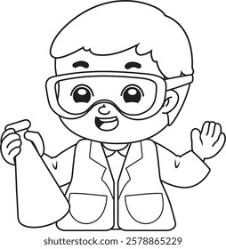 a cartoon boy holding a test tube and wearing a lab coat and goggles