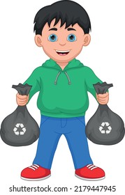cartoon boy holding trash in plastic bag