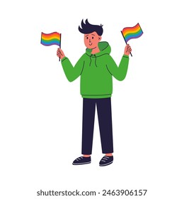 A cartoon boy holding two rainbow flags