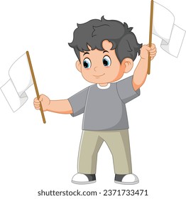 Cartoon boy holding white blank flags of illustration