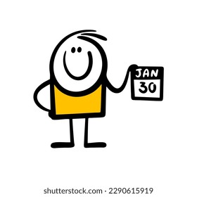 Cartoon boy holds a calendar in his hand and shows the date in January. Vector illustration reminder of an important event.