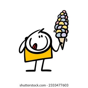 Cartoon boy holds a waffle cone and lots of ice cream balls. Vector illustration of a satisfied stickman and a sweet dessert. Funny comics person action isolated on white background.