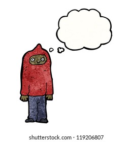 cartoon boy in hooded sweatshirt with thought bubble