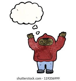 cartoon boy in hooded top with thought bubble