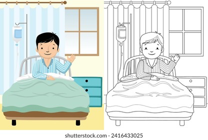 Cartoon of a boy in hospitalization room, coloring book or page