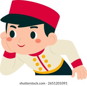Cartoon Boy Hotel Uniform Daydreaming peeking, happy Chinese New Year Parade Performer
