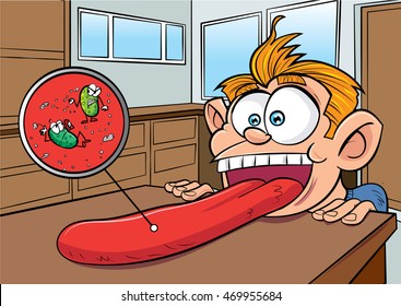 Cartoon boy with huge tongue with germs on it in a kitchen setting