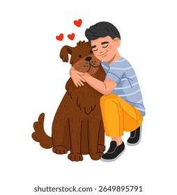 Cartoon boy hugs big fluffy dog. Vector child kneels and gently embraces brown furry pet with closed eyes and love hearts. Sweet emotional moment of affection, trust and joy between kid and animal
