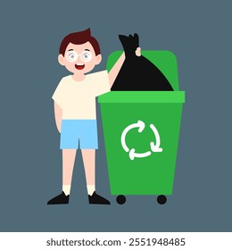 cartoon boy illustration design, trash can ecology element