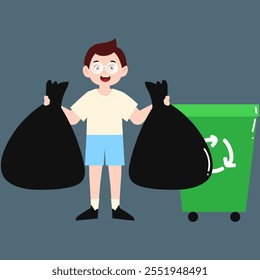 cartoon boy illustration design, trash can ecology element