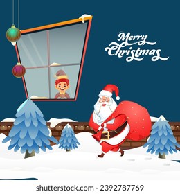Cartoon Boy Inside Home,  Xmas Trees and Santa Claus Lifting a Heavy Bag on Teal Blue Snowy Background for Merry Christmas.