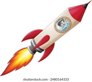 Cartoon boy inside a pencil shape rocket 