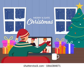 Cartoon Boy Interacting On Video Call With Friends, Gift Boxes And Xmas Tree At Home For Merry and Safe Christmas Festival.