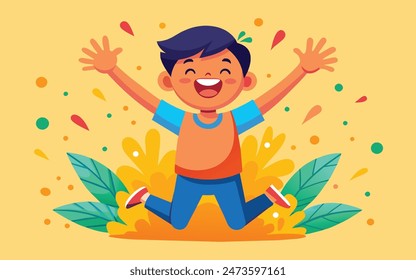 a cartoon of a boy jumping in the air with his arms up.