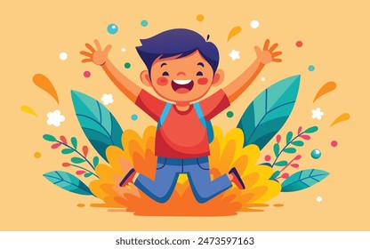 a cartoon of a boy jumping in the air with his arms up.