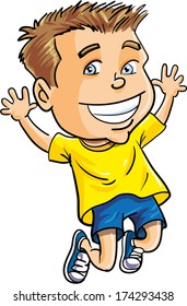 Cartoon boy jumping for joy. Isolated