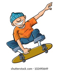 Cartoon of boy jumping on his skateboard. Isolated on white