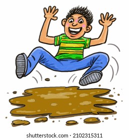 The cartoon  a boy jumps to the mud
