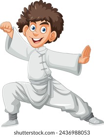 Cartoon boy in karate pose wearing white gi