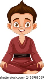 Cartoon boy in karate uniform sitting cross-legged