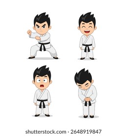 Cartoon boy karateka in four different poses, demonstrating various actions like fighting, smiling, surprised, and bowing.