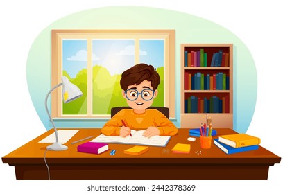 Cartoon boy kid makes homework or funny pupil studying lessons, vector child student. Boy kid in eyeglasses making school homework, sitting at table desk with books and writing in copybook