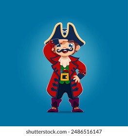 Cartoon boy kid pirate captain character. Isolated vector young sea rover decked in colorful freebooter costume with a traditional hat, playfully looking at distance. Children book or game, personage