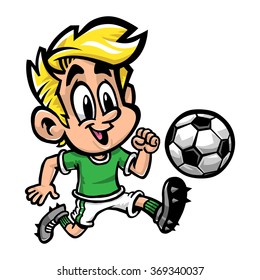 Cartoon Boy Kid Playing Football or Soccer in a Green T-Shirt and Cleat Shoes