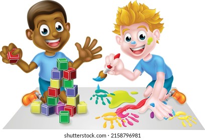 Cartoon Boy Kids Playing Toys Paint Stock Vector (Royalty Free ...