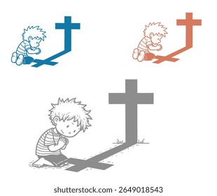 Um menino de desenho animado está ajoelhado em oração, lançando uma sombra de uma cruz cristã.
