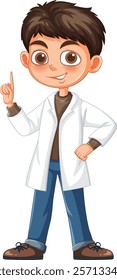 Cartoon boy in lab coat, pointing upwards