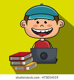 cartoon boy with laptop books. vector illustration design