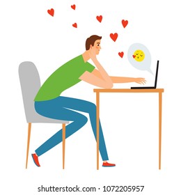 Cartoon boy with laptop flirting on-line. Illustration about relationships and technologies.