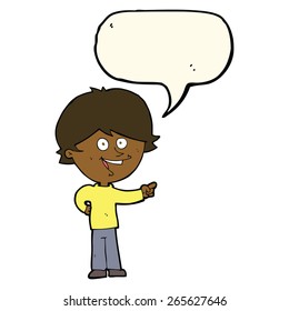 niño de dibujos animados riendo y señalando con burbuja de habla