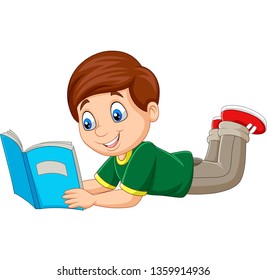 Cartoon boy laying down and reading a book  