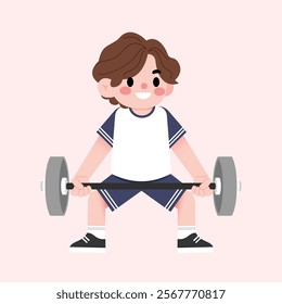 Cartoon Boy Lifting Weights Child Fitness Health Exercise Strength Training Illustration