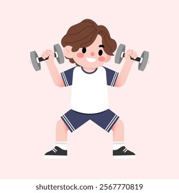 Cartoon Boy Lifting Weights Child Fitness Healthy Lifestyle Illustration