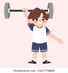 Cartoon Boy Lifting Weights Fitness Exercise Child Athlete Strength Training Illustration