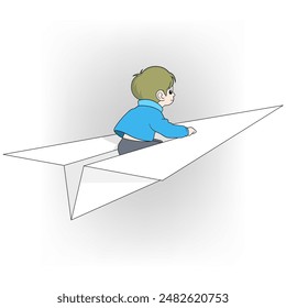 A cartoon boy with light brown hair is depicted riding a large paper airplane.