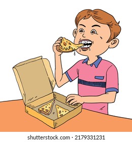  In the cartoon, a boy likes to eat pizza.
