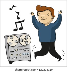 Cartoon boy listen music on the tape retro recorder  and dancing